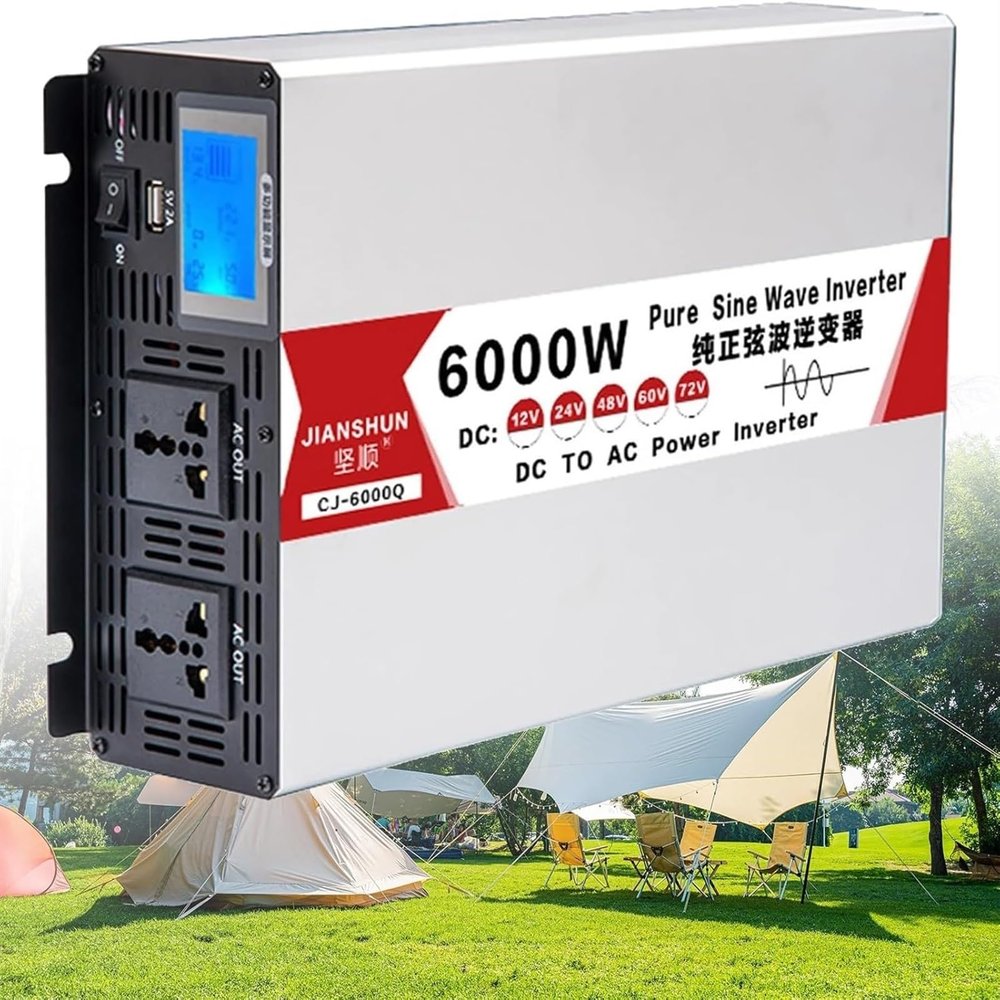 Power Inverter 4000W/5000W/6000W/8000W Inverter Pure Sine Wave DC 12V/24V/48V/60V/72V to AC 110V/220V 230V 240V Car Inverter with USB Ports AC Sockets Car Adapter with LED Display for Travel(6000W,12V