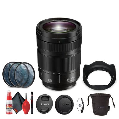 Panasonic Lumix S 24-105mm f/4 Macro O.I.S. Lens (S-R24105) Bundle Including: Lens Hood, Lens Caps, Filter Kit, Lens Pouch, Full Cleaning Kit, Lens Cap Keeper