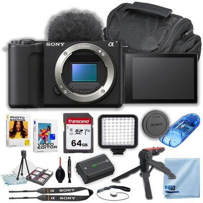 Sony ZV-E10 II Mirrorless Camera (Body) + Case + 64GB Memory Card + Cleaning Kit + Grip Tripod + LED Square Light (17PC Bundle) (Renewed)