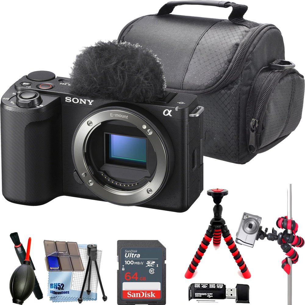 Sony ZV-E10 II Mirrorless Camera (Body) + Camera Case + 64GB Memory Card + Cleaning Kit + Flexible Tripod (15PC Bundle)