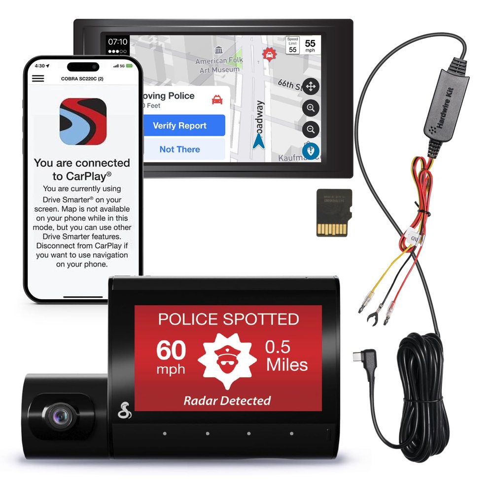 Cobra SC 220C Smart Dash Cam + Cobra 2.5A Micro USB Adapter Hardwire Kit