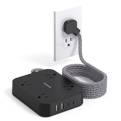 Black Flat Plug Extension Cord, HANYCONY 10ft Power Strip with 4 USB Ports(2 USB C), 4 Widely Outlets Extender, Wall Mount, Desk Charging Station for Office, Travel and Dorm Room Essentials