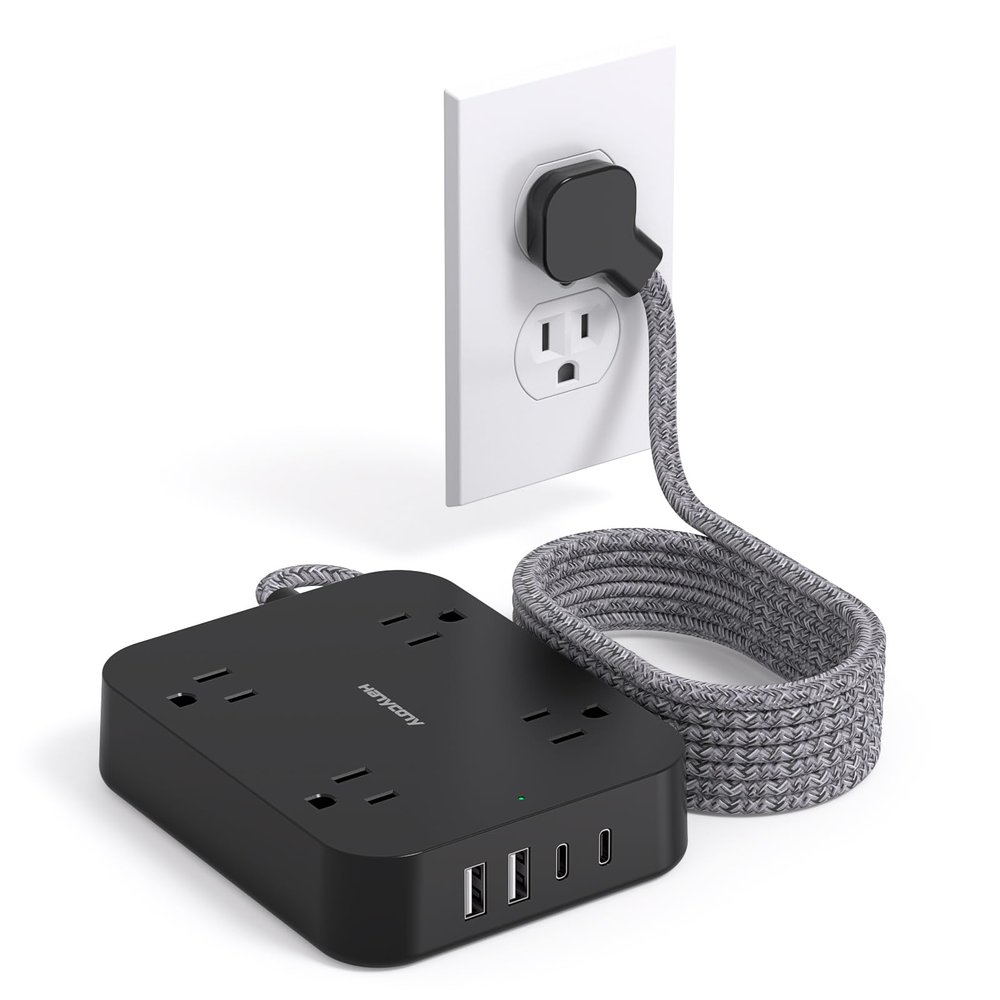 Black Flat Plug Extension Cord, HANYCONY 10ft Power Strip with 4 USB Ports(2 USB C), 4 Widely Outlets Extender, Wall Mount, Desk Charging Station for Office, Travel and Dorm Room Essentials