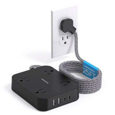 Black Extension Cord 25 Ft, HANYCONY Ultra Thin Flat Plug Power Strip with 4 Outlets 4 USB Ports (2 USB C), Wall Mount, Desk Charging Station for Office, Travel and Dorm Room Essentials