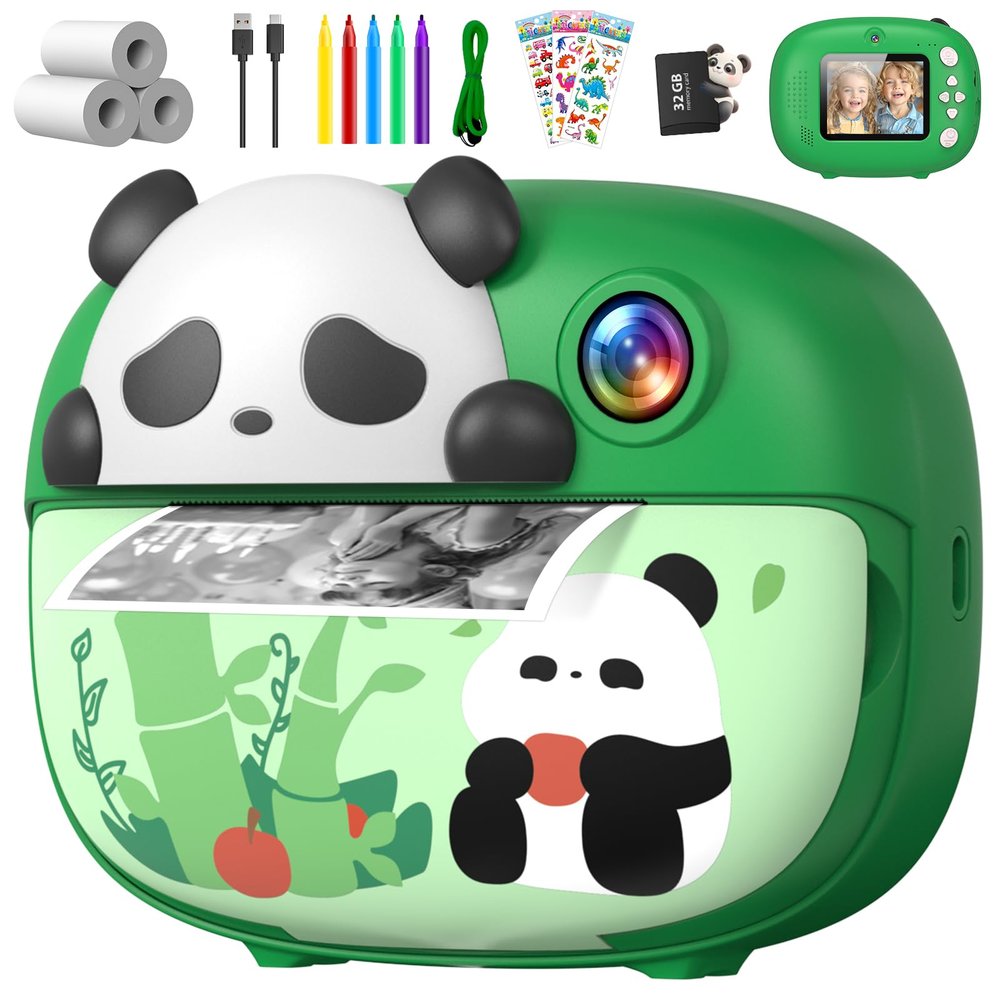 Uffylle Panda Kids Camera Instant Print Photo with 32G Card, 1080P HD Video Instant Cameras Age 3-12, Digital Toddler Camera Toys with Color Pens for DIY 3-12 Year Old Girls Boys Gifts Birthday, Green
