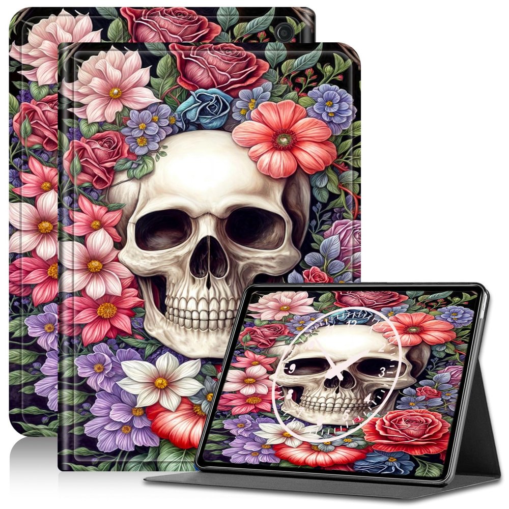 Amazon Fire HD 10 Case (9th Gen, 2019 Release) 10.1" PU Leather Adjustable Stand with Auto Wake/Sleep, Skull Flower