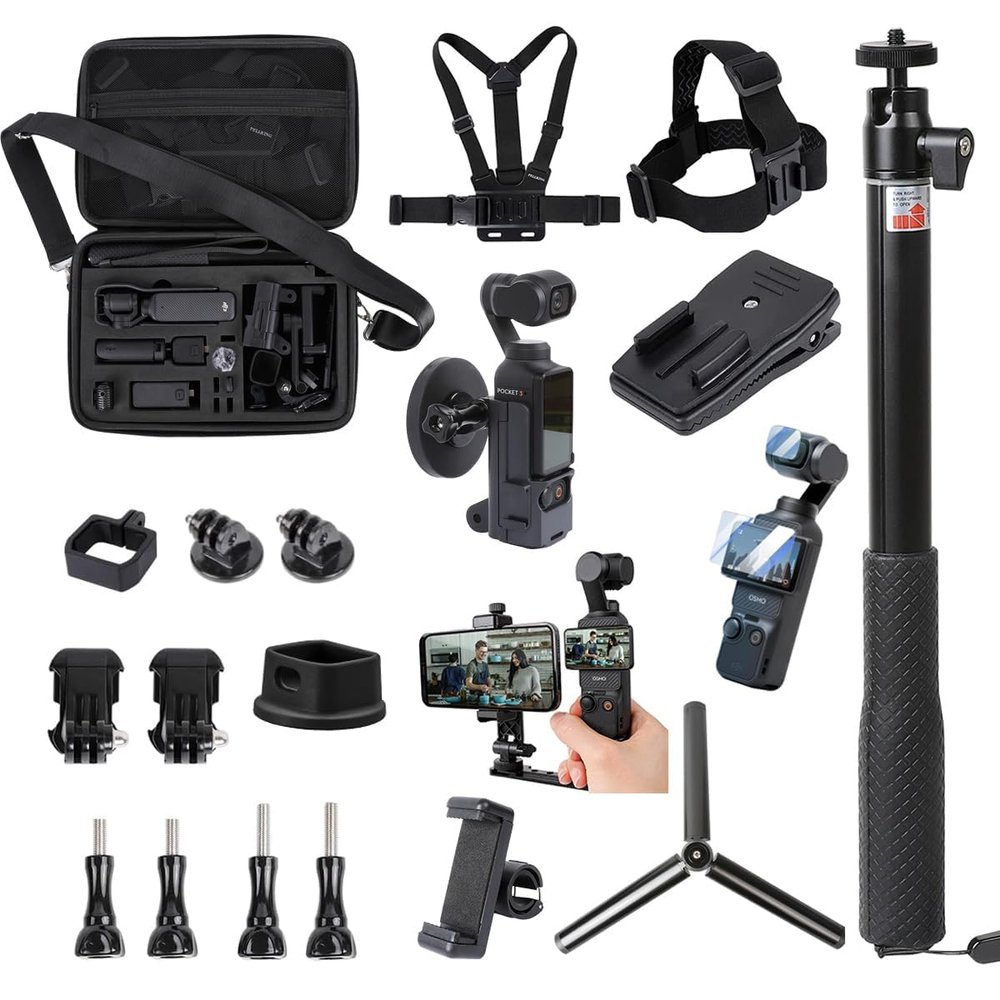 PellKing 21 in 1 Accessories Kit for OSMO Pocket 3 Xtra Muse,Including Hard Shell case,Magnetic mount,Desk base mount,Selfie Stick,Tripod,Chest Mount,Mobile Phone Holder,Screen Protector,Backpack Clip