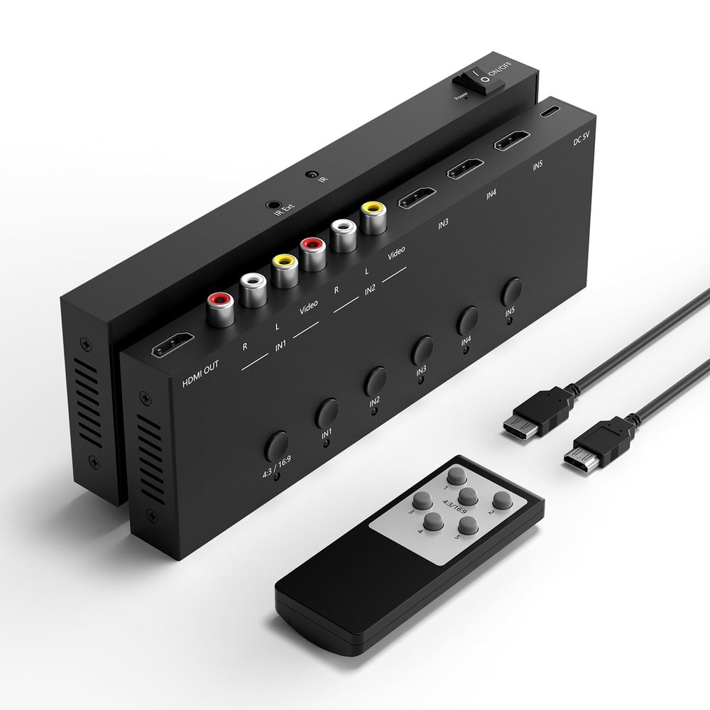 5 in to 1 Out RCA/HDMI Switcher3 Way HDMI 2.0 + 2 RCA to HDMI Converter, Support 4:3/16:9 4K and 3D for PS1/2/3/4/5, N64, SNES, Switch, DVD, Roku, etc.