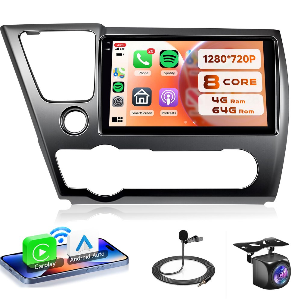 8Core 4G+64G Android 13 Car Stereo Radio for Honda Civic 2013-2017 Wireless Carplay Android auto GPS 5G-WiFi, Rimoody 9 Inch Touchscreen Bluetooth FM/RDS DSP-36 Backup Camera