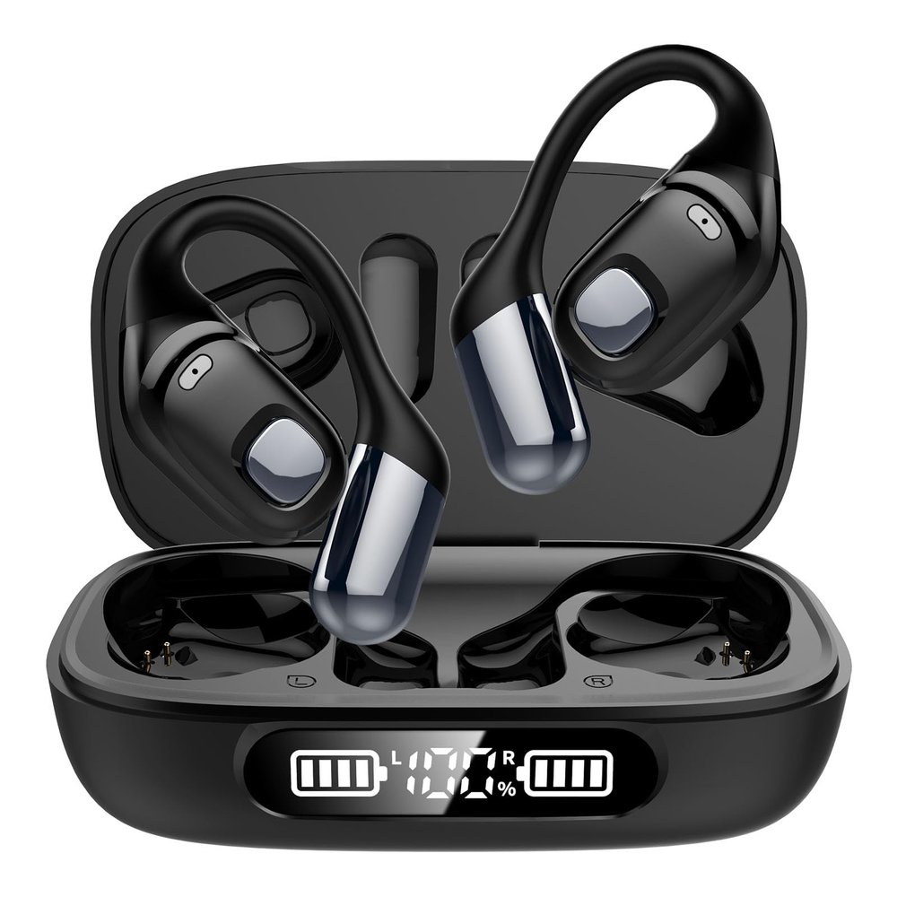 2B2C Open Ear Earbuds, Bluetooth 5.3 Wireless Air Conduction Headphones with Mic, LED Display Charging Case&Fast Charging, Ultra-Light Weight, 80H Playtime Earbuds for Work, Sports (Black)