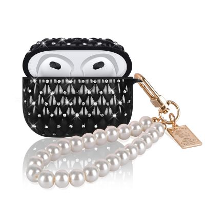 Glitter Diamond Case for AirPods 3rd Generation Cover with Pearl Bracelet Keychain, Sparkle Bling Design for Women Soft TPU Shockproof Protective Cover for Airpods 3 gen-Black