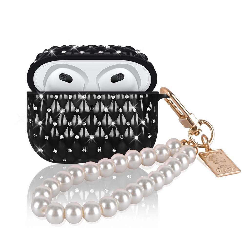 Glitter Diamond Case for AirPods 3rd Generation Cover with Pearl Bracelet Keychain, Sparkle Bling Design for Women Soft TPU Shockproof Protective Cover for Airpods 3 gen-Black