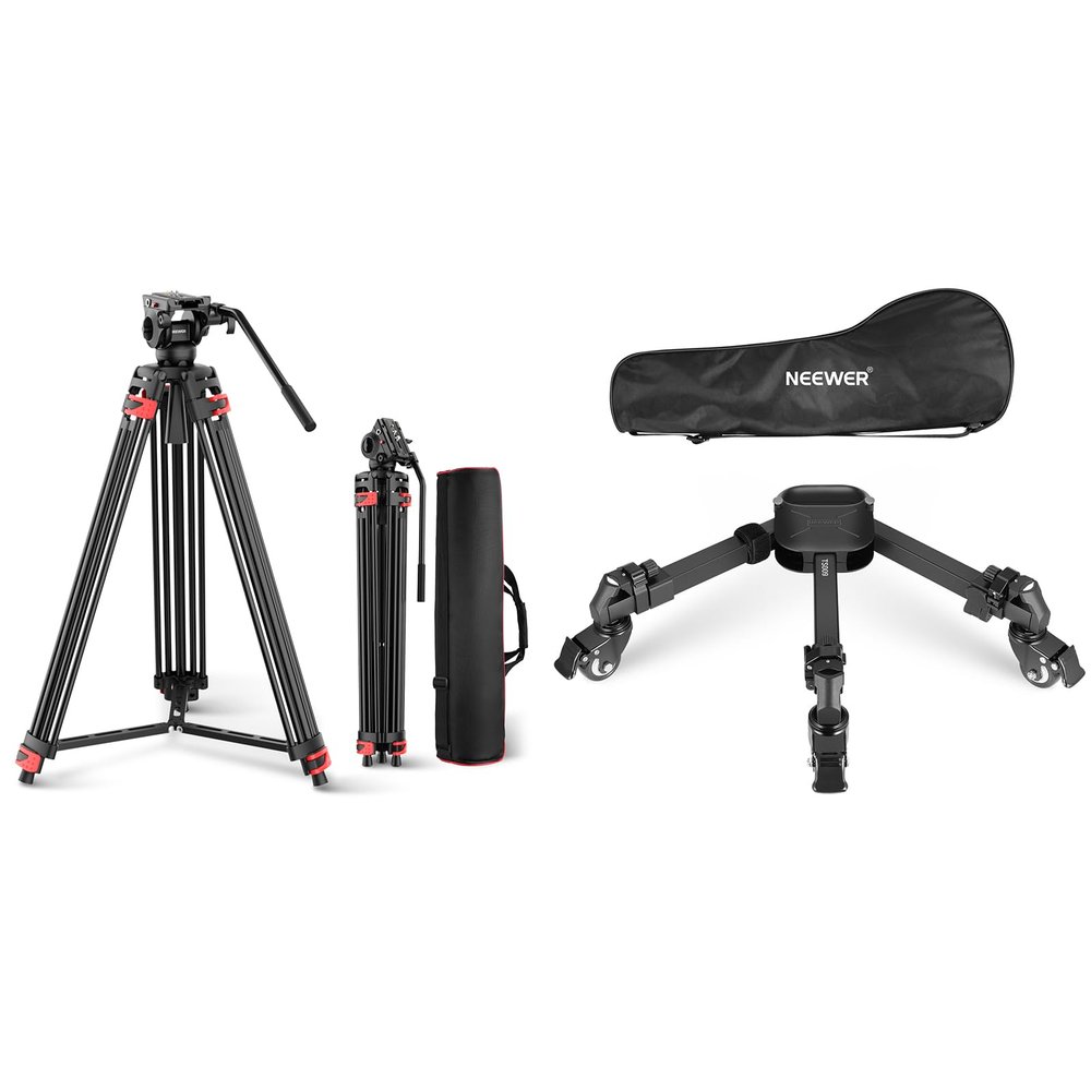 NEEWER TP37 Basic 74" Video Tripod with Fluid Head, Metal Camera Tripod with Smooth Friction Damping, Quick Release Plate Compatible with Manfrotto 501, TS009 Photography Tripod Dolly Included
