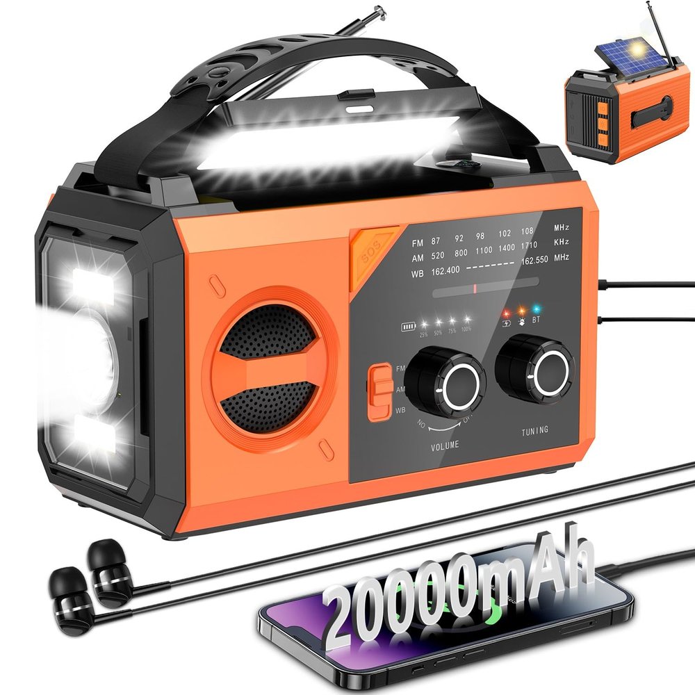 20000mAh Emergency Weather Radio with Wireless Speaker, 74000mWh NOAA/AM/FM Hand Crank Solar Radio with Flashlight Cell, Phone Charger, Compass, Reading Lamp, SOS Alarm