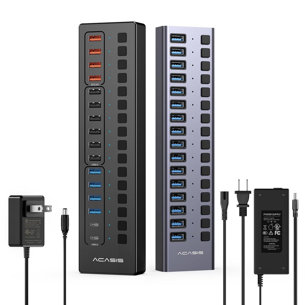 ACASIS 16 Ports USB 3.1 Hub Bundle with Powered USB 3.0 Hub, Include 16 * 10Gbps USB 3.1 A, 2*USB C 3.0+4 Smart Charging Port, 96W & 60W Power Adapter, USB Hub for PC/Laptop, Computer
