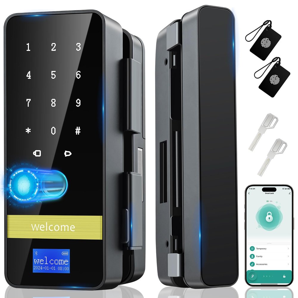 Biometric Fingerprint Glass Door Lock for Frameless Office & Shop Doors (10-12mm), Keyless Bluetooth Smart Lock with App, Time Attendance Log & Remote Code, Fits Sliding & Swing Glass Partitions