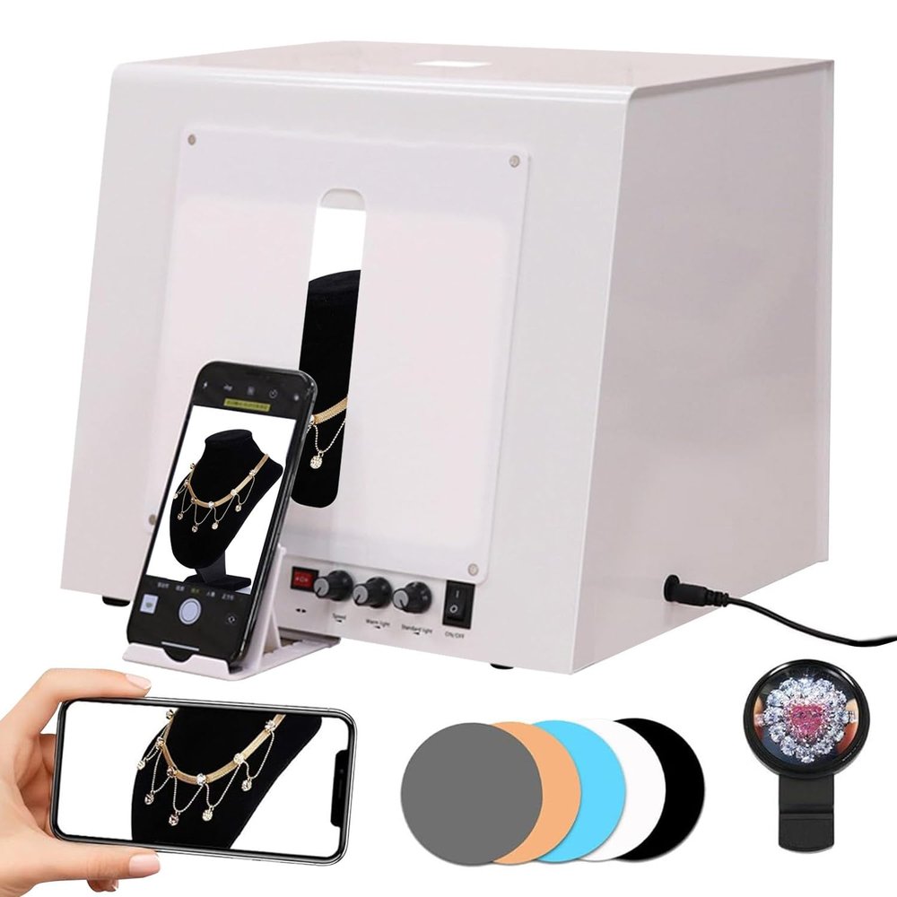 moupeaktain Metal Light Box Photography, Electric Professional Photo Studio Box, with 360 Turntable / 4 LED Light / 3000-5500k Dimmable / 5 Backdrops, for Small Items,Tb20