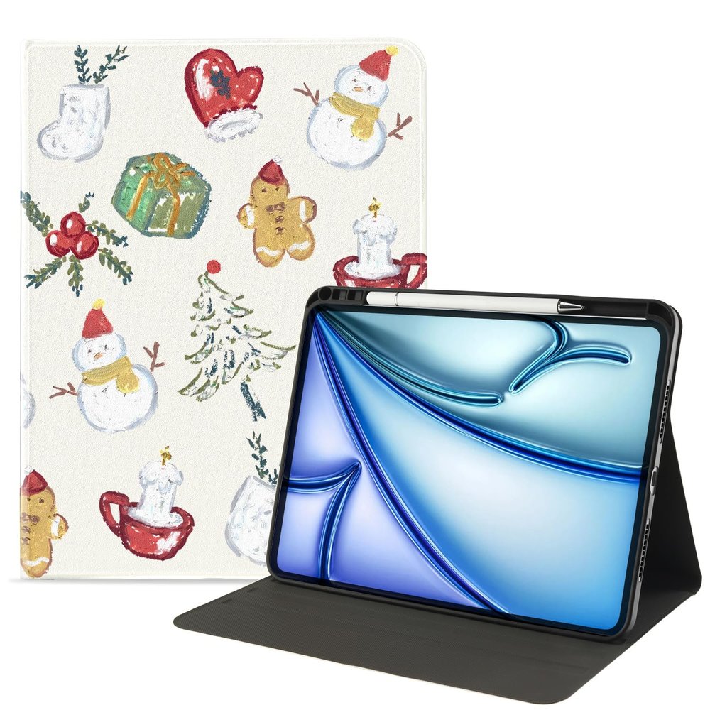 MAYCARI Cute Christmas Snowman iPad Case with Silk Texture Compatible with 11-inch iPad Air2024 Soft Silk Back Cover Pencil Holder & Auto Sleep/Wake Feature iPad Case Girly Aesthetic Design
