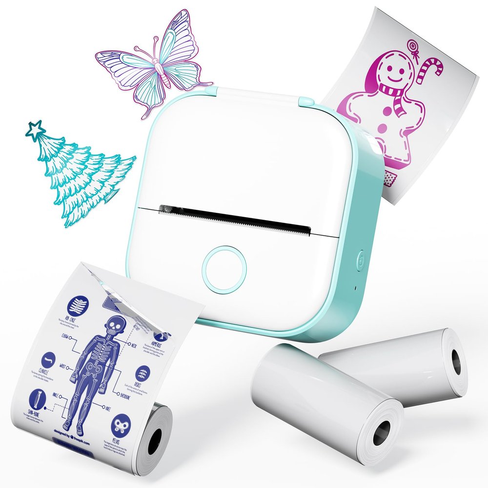 Memoqueen T02 Print Pod Mini Sticker Printer Sticker Maker Machine, Small Pocket Bluetooth Thermal Printer for Diaries, DIY, Memo, Study Notes, Fun Gifts for Kids Friends Students, Green