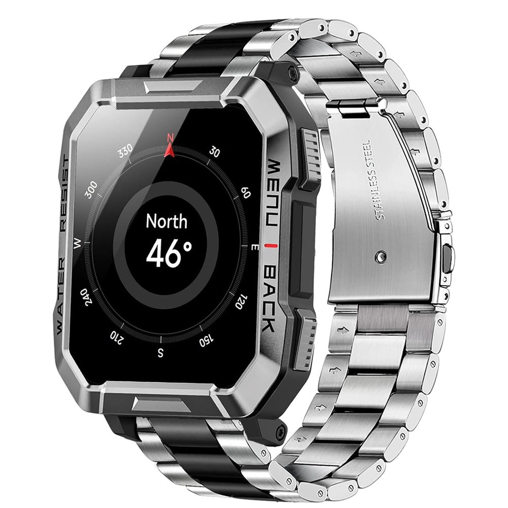 Lamshaw Compatible with Blackview Smart Watch bands, 20mm, 22mm Stainless Steel Metal Replacement Strap Bracelet Men & Women Compatible with IOWODO W60, R30 Pro, R50, Compatible with Blackview W60, R30 Pro, R50 Smart Watch (Silver-Black, 20mm size ba