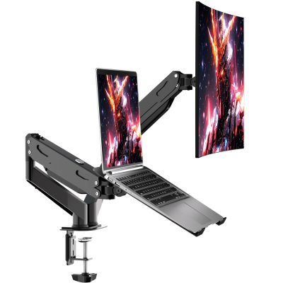 Pholiten Monitor and Laptop Mount for Max 32 Screen and 17 Notebook, Dual Monitor Mount Holds up to 22lbs,Laptop Tray Stand with Gas Spring Arm
