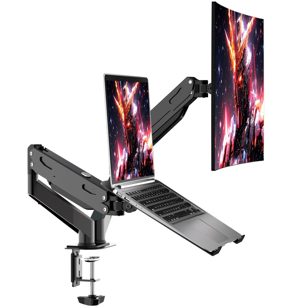 Pholiten Monitor and Laptop Mount for Max 32 Screen and 17 Notebook, Dual Monitor Mount Holds up to 22lbs,Laptop Tray Stand with Gas Spring Arm
