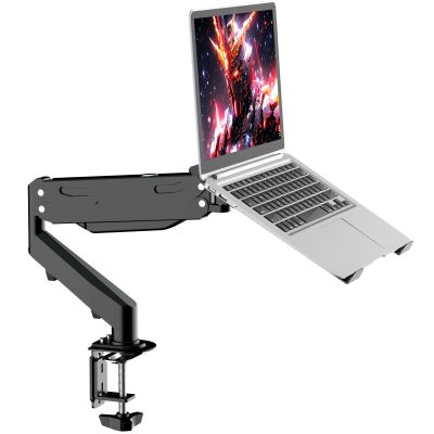 Pholiten 2 in 1 Laptop Desk Mount with Gas Spring Arm, Monitor Laptop Stand for 12-17 Inch Notebook and 13-32 Inch Computer Screen, Holds 22lbs, Full Motion with Vented Tray