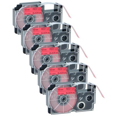 GREENCYCLE 5PK Compatible for XR-12RD XR-12RD2S AR-12RD 12mm 1/2" Black on Red Label Maker Tape for KL-750 KL-750B KL-780 KL-820 KL-1500 KL-2000 Label Printer