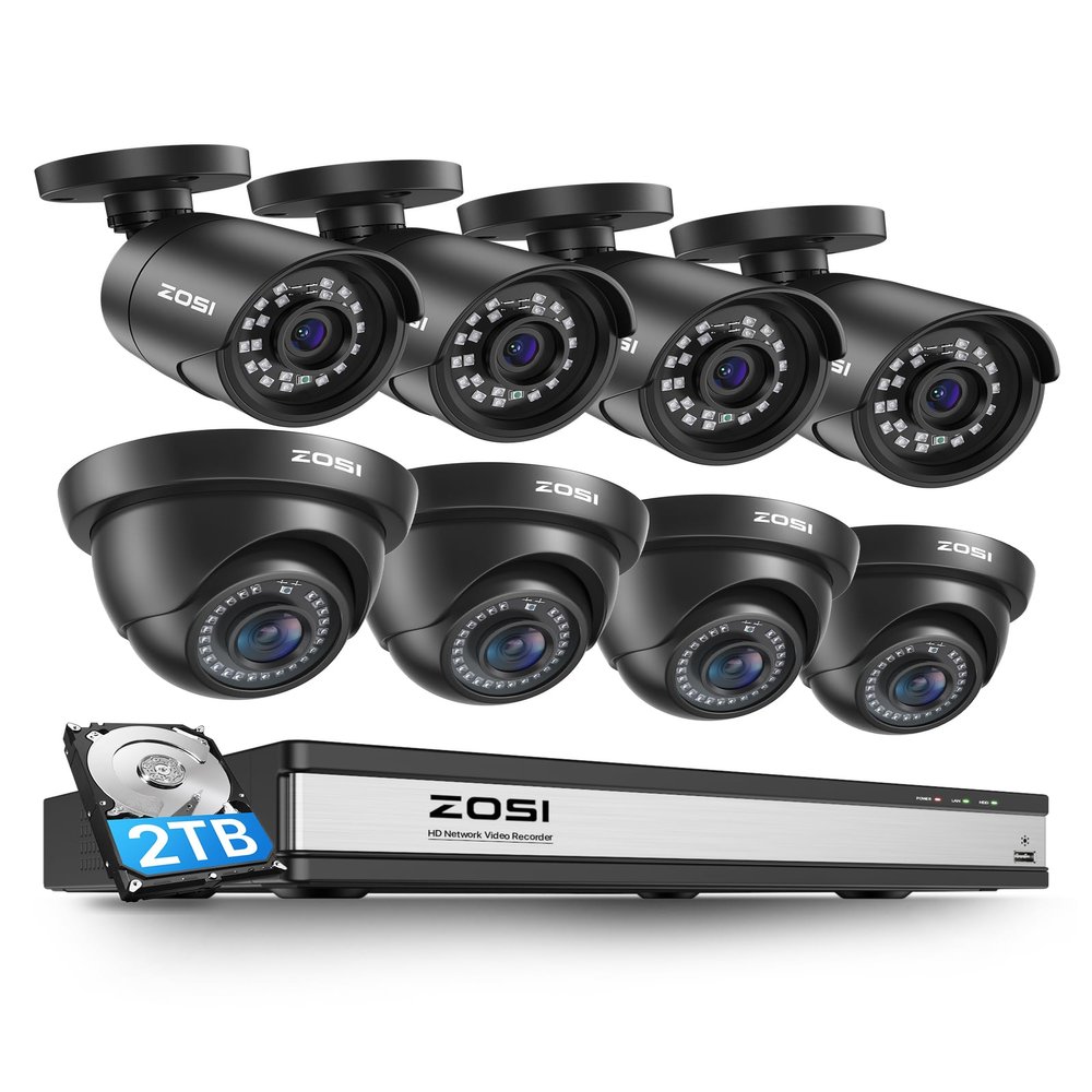 ZOSI 2MP 16CH Home Security Camera System Outdoor with AI Human Vehicle Detect, H.265+ 16CH DVR and 8 x 1080p Weatherproof Surveillance CCTV Bullet Dome Camera, 90 View Angle, Alert Push, 2TB HDD