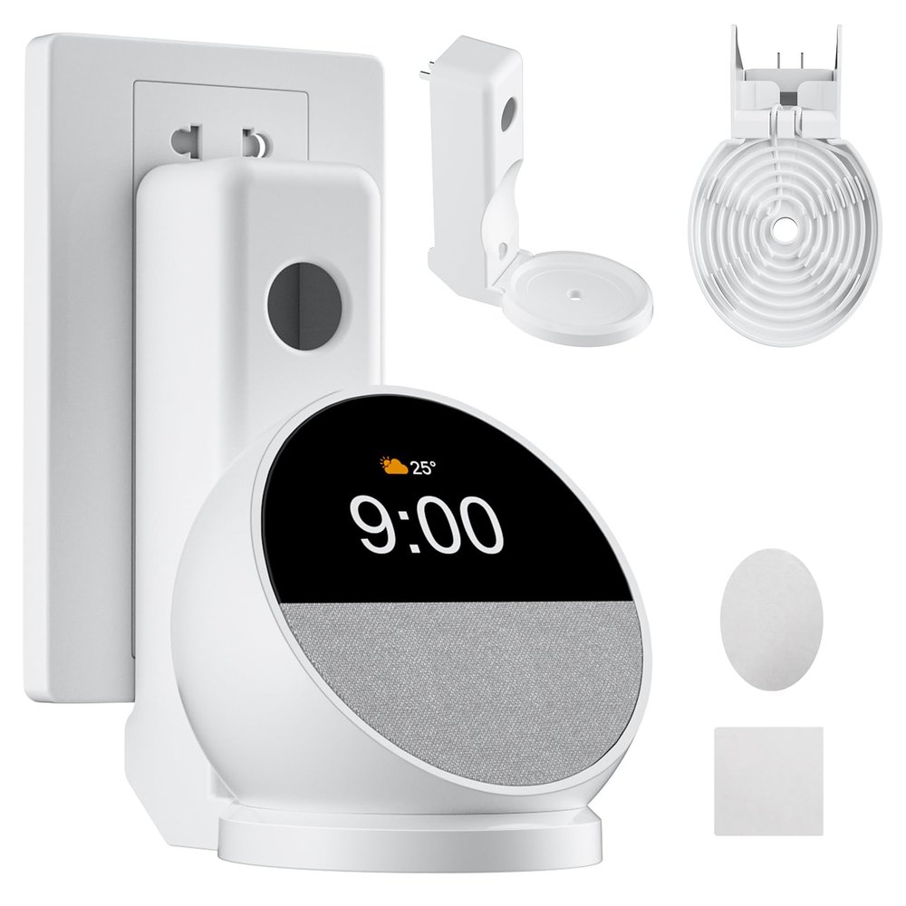 AFGHOA Wall Mount Stand for Echo Spot 2024, Outlet Hanger Stand with Built-in Cable Management, Hide Messy Wires Wall Holder, Space Saving for Echo Spot Kids,No Screws and Drill Needed,White