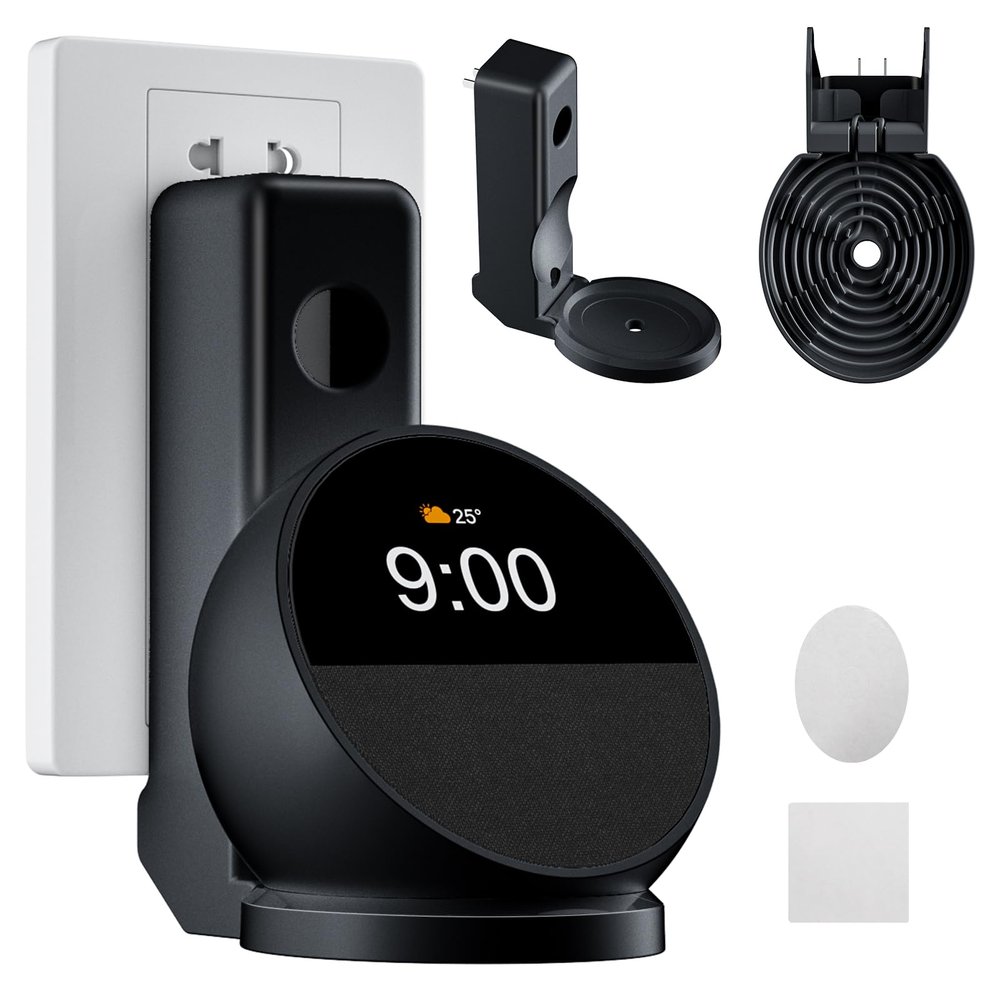 AFGHOA Wall Mount Stand for Echo Spot 2024, Outlet Hanger Stand with Built-in Cable Management, Hide Messy Wires Wall Holder, Space Saving Holder for Echo Spot,No Screws and Drill Needed,Black