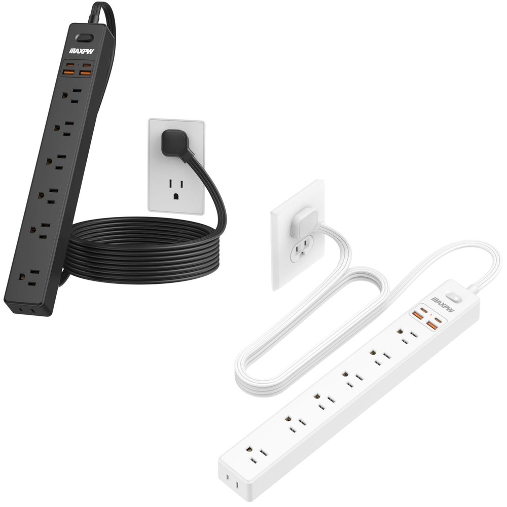 6 Ft Power Strip Surge Protector - 7 Outlets 4 USB Ports (2 USB C), Maxpw Ultra Thin Flat Extension Cord & Flat Plug, 1700 Joules, Wall Mount, Desk Charging Station for Home Office Dorm, White & Black