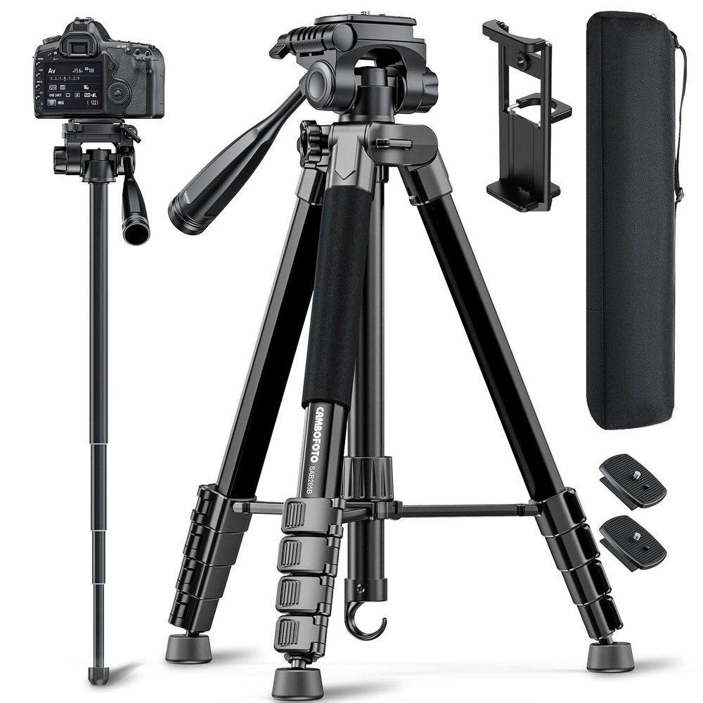 CAMBOFOTO 73" Camera Tripod and Monopod, Professional Aluminum Tripod Stand for Mirrorless Camera/DSLR/Cell Phone/Camcorder/GoPro, with Phone Holder and Travel Bag (Black)