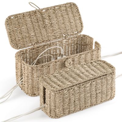 2-Pack Large Cable Management Box, Natural Rattan Cable Cord Organizer Boxes for Power Strip  2 Open Slots Cords Hider Box for TV Wires, Computer, Router, USB Hub and Under Desk Power Strip