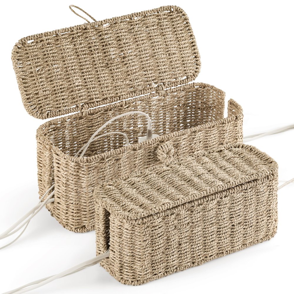 2-Pack Large Cable Management Box, Natural Rattan Cable Cord Organizer Boxes for Power Strip 2 Open Slots Cords Hider Box for TV Wires, Computer, Router, USB Hub and Under Desk Power Strip