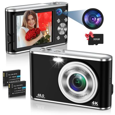 Digital Camera, Autofocus UHD 4K 48MP 16X Digital Zoom Vlogging Camera with Dual Lens, 2.8 Inch Screen Compact Photo Shoot Camera for Beginners,32GB Card(Black)