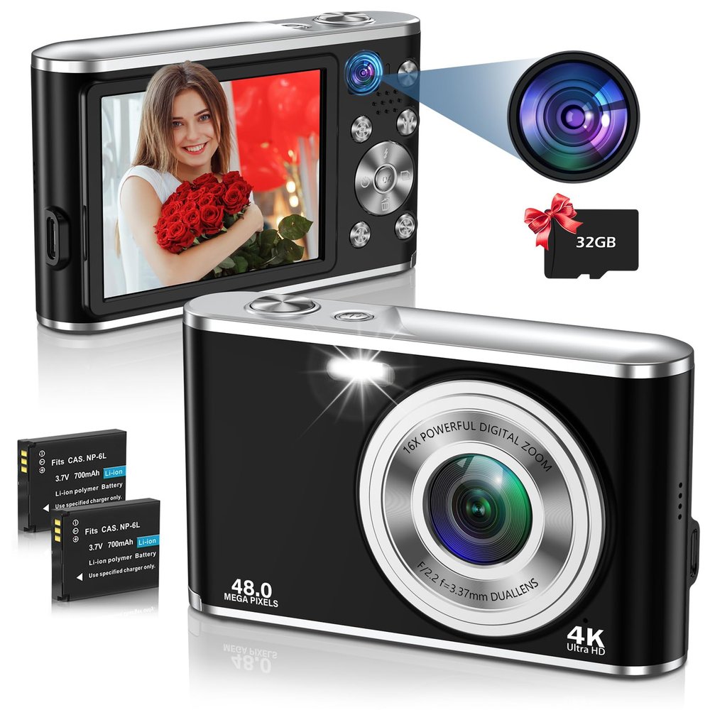 Digital Camera, Autofocus UHD 4K 48MP 16X Digital Zoom Vlogging Camera with Dual Lens, 2.8 Inch Screen Compact Photo Shoot Camera for Beginners,32GB Card(Black)
