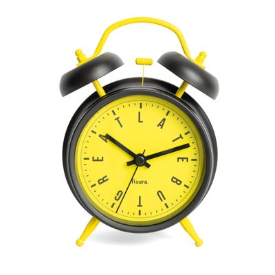 Fisura Analog Black and Yellow Alarm Clock Without Ticking Sound. Alarm Clock with LED Night Light. Dimensions: 4.6 x 2.1 x 6.3 inches. Material: Metal.