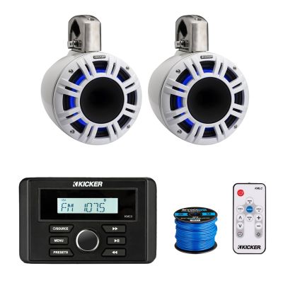 Kicker 46KMC3 Marine Gauge Style USB Bluetooth AM/FM Stereo Square Media Center Receiver, 2X 8 500 Watt Peak Multicolor LED Horn-Loaded (HLCD) Tower Speakers (White) with LED Remote, 50 Feet Wire