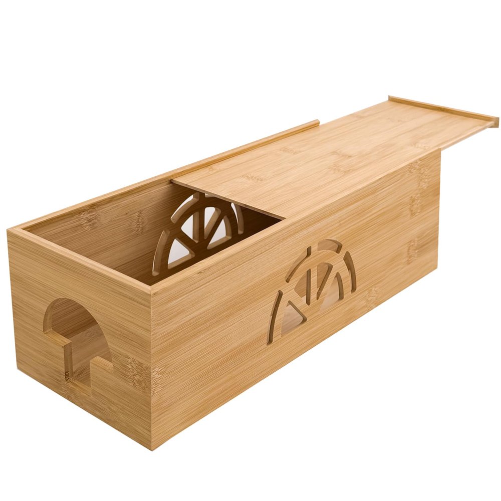 Bamboo Cable Management Box,Extra Large Cord Organizer Box,Power Strips Hider,Plug Strip Cord Box,Outlet Holder,Cords Concealer,Wires Covers,Desk & Floor Tidy Solution (Sliding lid)