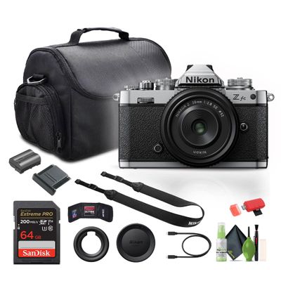 Nikon Z fc DX-Format Mirrorless Digital Camera with NIKKOR Z 28mm f/2.8 (SE) (Black) Bundle with Camera Bag + 64GB Memory Card + Cleaning Kit and More (Renewed)