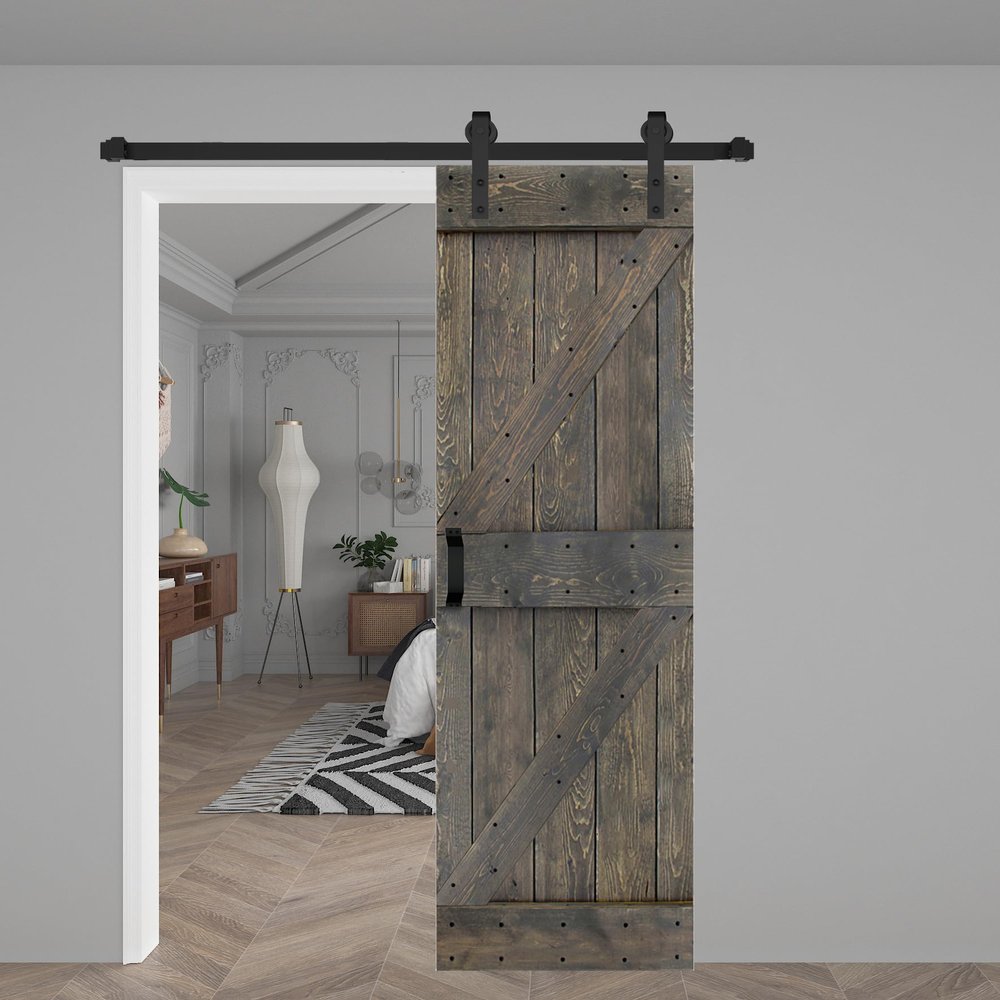 K Series 30in x 84in Smoky Gray Finished Solid Wood Barn Door with Hardware Track - Assembly Needed