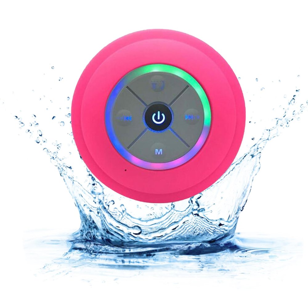 Mini Bluetooth Shower Speaker, IPX4 Waterproof With Suction Cup, Portable With LED Light for Bathroom (Red)