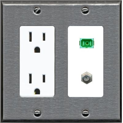 RiteAV 1 Port SC-APC Fiber Simplex Coax Cable TV Wall Plate - Outlet [Stainless/White]