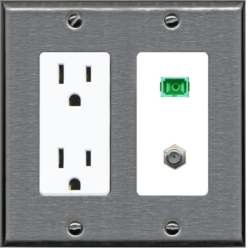 RiteAV 1 Port SC-APC Fiber Simplex Coax Cable TV Wall Plate - Outlet [Stainless/White]
