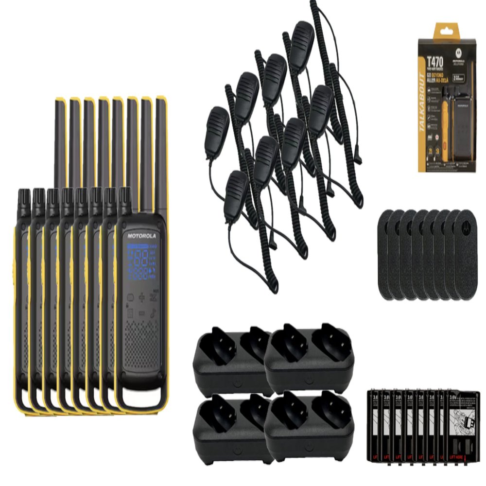 Motorola Solutions Portable FRS Talkabout T470 Two Way Radio Rechargeable 8-Pack Walkie Talkies Black/Yellow 22 Channels 8 Remote Speaker Mics 4 Dual Charger Trays