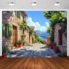 10X10ft Italian Themed Photo Backdrop Photography Background, Oil Painting European Mediaeval Town Costal City Scenery Backdrops Photo Booth Prop Decorations Wall Decor Tablecloth view 1