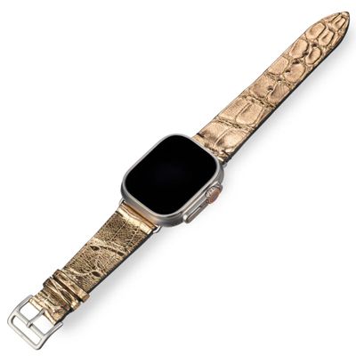 Handcrafted Alligator Leather Watch Straps  Unique Grain, Genuine Leather Bands for Apple Watch Series 1-9 & SE  Premium Accessories for 38-49mm Models (Gold, Apple Watch 42mm)