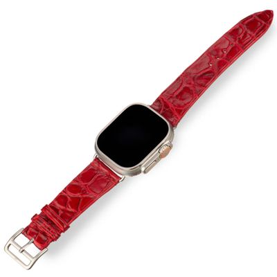 Handcrafted Alligator Leather Watch Straps  Unique Grain, Genuine Leather Bands for Apple Watch Series 1-9 & SE  Premium Accessories for 38-49mm Models (Red, Apple Watch 44mm)