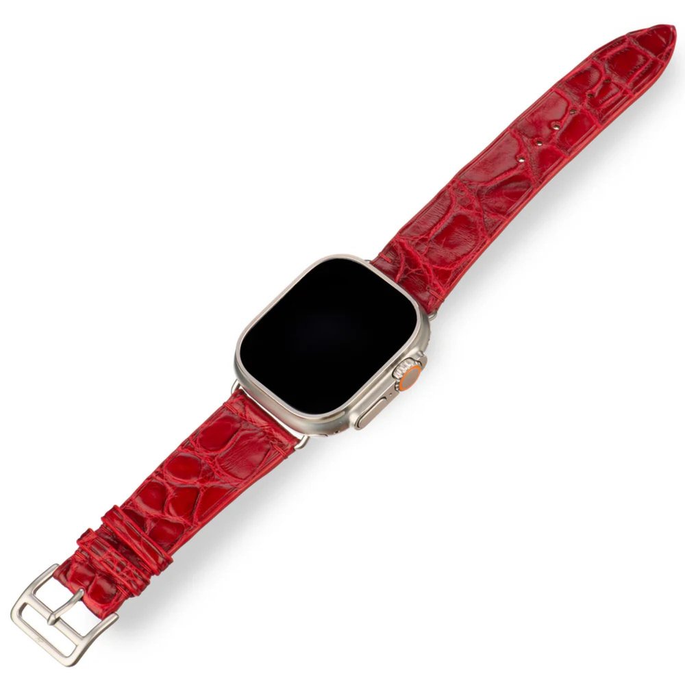 Handcrafted Alligator Leather Watch Straps  Unique Grain, Genuine Leather Bands for Apple Watch Series 1-9 & SE  Premium Accessories for 38-49mm Models (Red, Apple Watch 44mm)